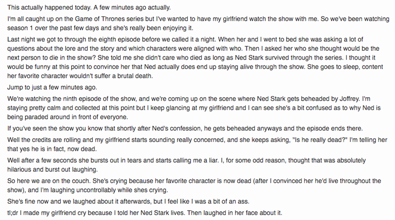 Redditor Lies to His Girlfriend About Game of Thrones; Immediately Regrets That Decision