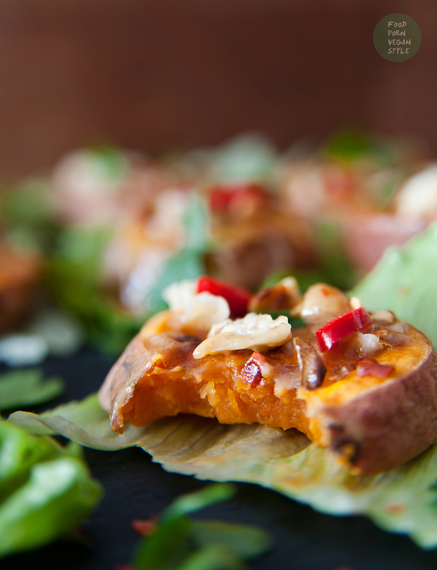Baked sweet potato canapes with salty miso drizzle and crunchy walnut topping