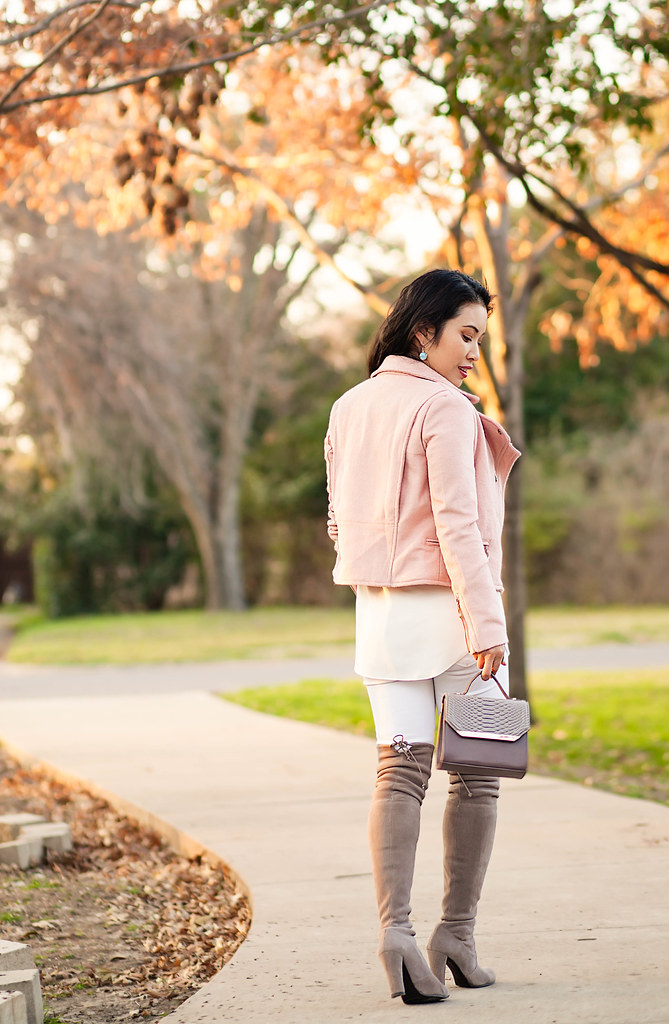 cute & little blog | petite fashion | pink cropped wool moto jacket, white silk shirt, white distressed jeans, stuart weitzman highland gray otk boots | spring transition outfit