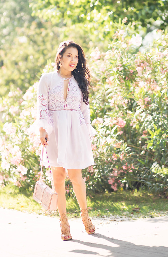cute & little blog | petite fashion | lavender chiffon bell sleeves lace crochet dress | baublebar emma drops statement earrings | spring mothers day wedding guest outfit