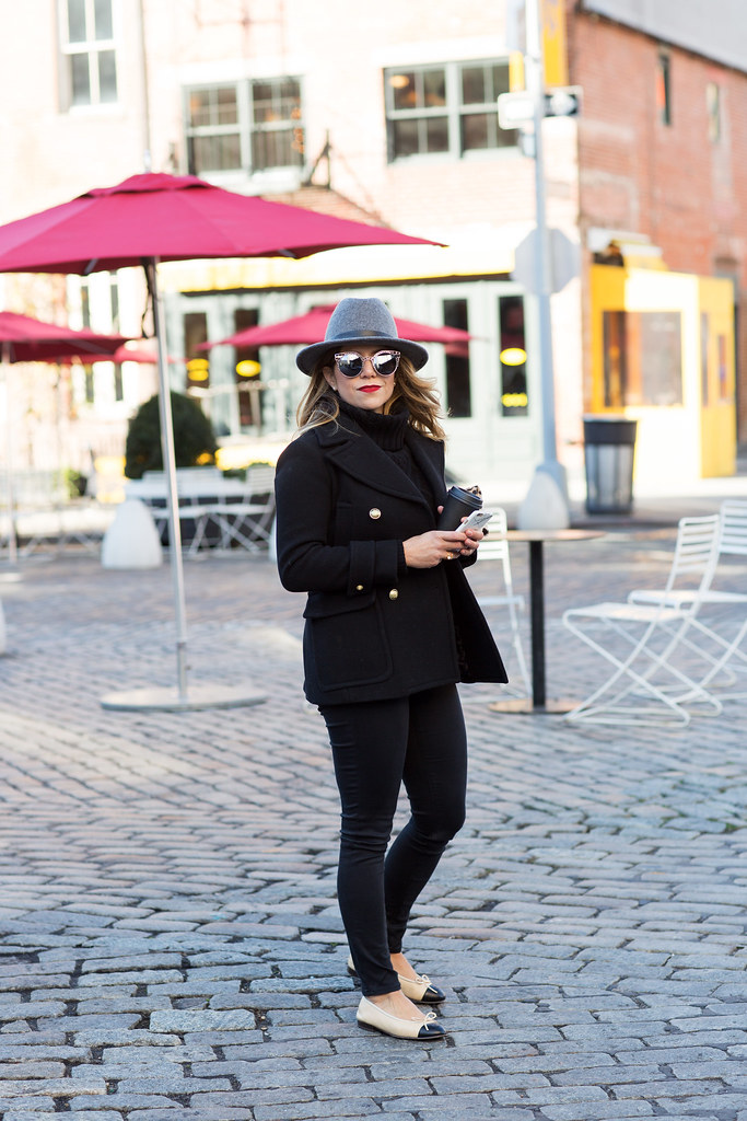 jcrew black sweater knit cable sweater club monaco felt hat chanel flats weekend outfit new yorker outfit what to wear all black outfit reflective sunglasses two tone flats ag skinny jeans black peacoat corporate catwalk nordstrom mac ruby woo lipstick Clare v leopard clutch kate spade watch NDC phone case 