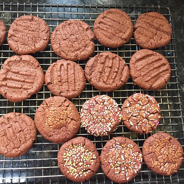 Product of toddler baking session: Idiot biscuits. Actually, she mainly poured sprinkles around, but kept her occupied.  Recipe: http://www.theguardian.com/lifeandstyle/2014/jun/21/pitchfork-fair-mums-chocolate-biscuits?CMP=Share_iOSApp_Other