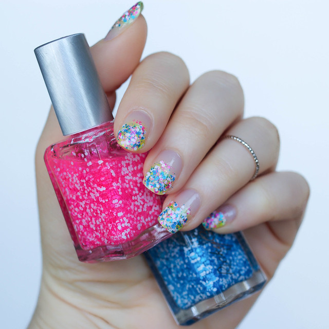 Confetti Party Nails | Hot Pink Blue Yellow Chunky Glitter Gradient Negative Space Manicure with RickyColor on Living After Midnite
