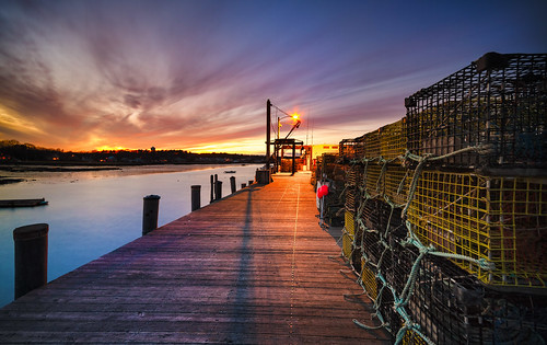 ocean sunset sky water port fishing dock day warf maine newengland coastline lobsterboat capeporpoise robertallanclifford pwpartlycloudy robertallancliffordcom