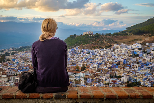 city blue sunset girl clouds landscape view watching morocco blond medina