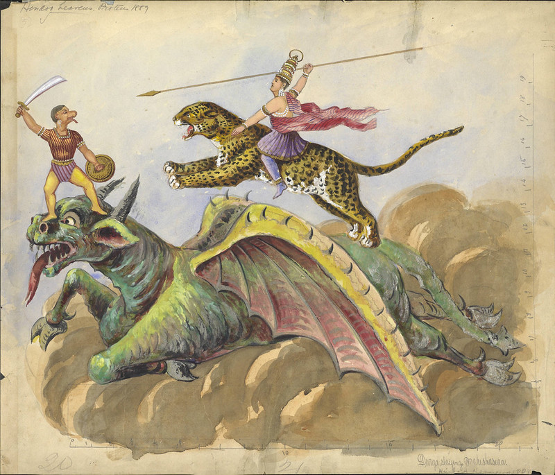 Carlotta Bonnecaze - Durga (virtue) slaying Mahishasura (vice), float design from Krewe of Proteus, 1889
