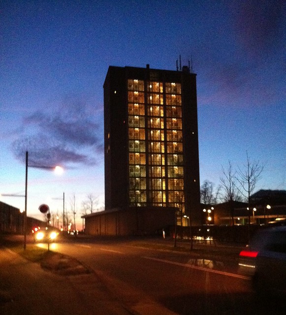 the tower block at dusk