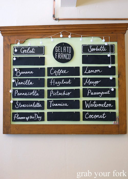 Gelati and sorbetti menu at Gelato Franco, Marrickville