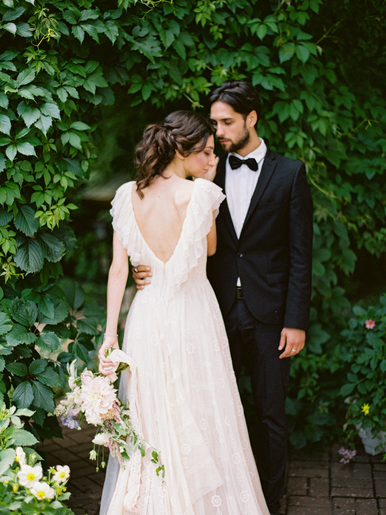 bride in milky wedding dress + groom in tuxedo | Fab Mood - UK wedding blog #styledshoot 