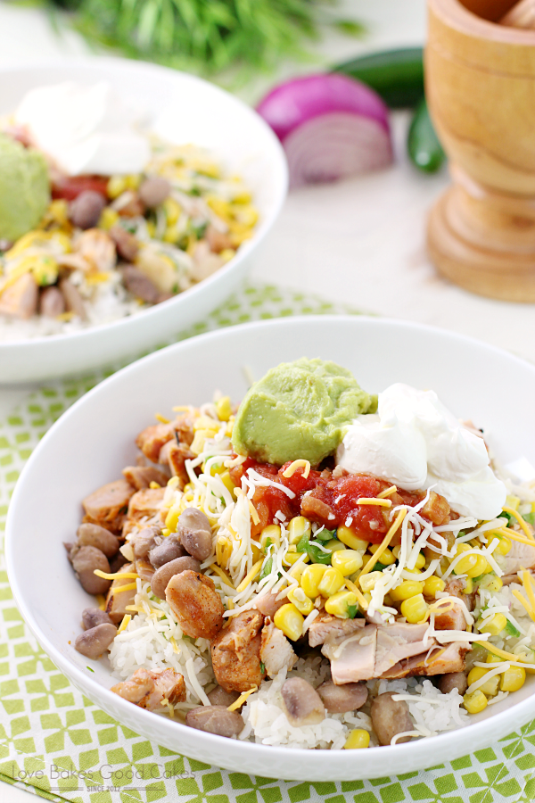 Homemade Burrito Bowls with fresh vegetables.