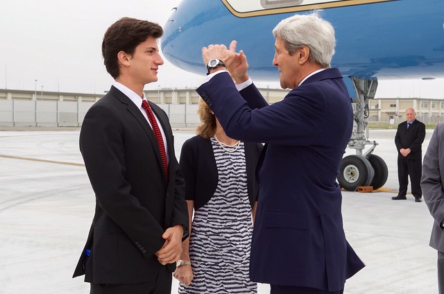 Secretary Kerry Chats With Ambassador Caroline Kennedy's Son Jack Schlossberg Upon His Arrival to Hiroshima