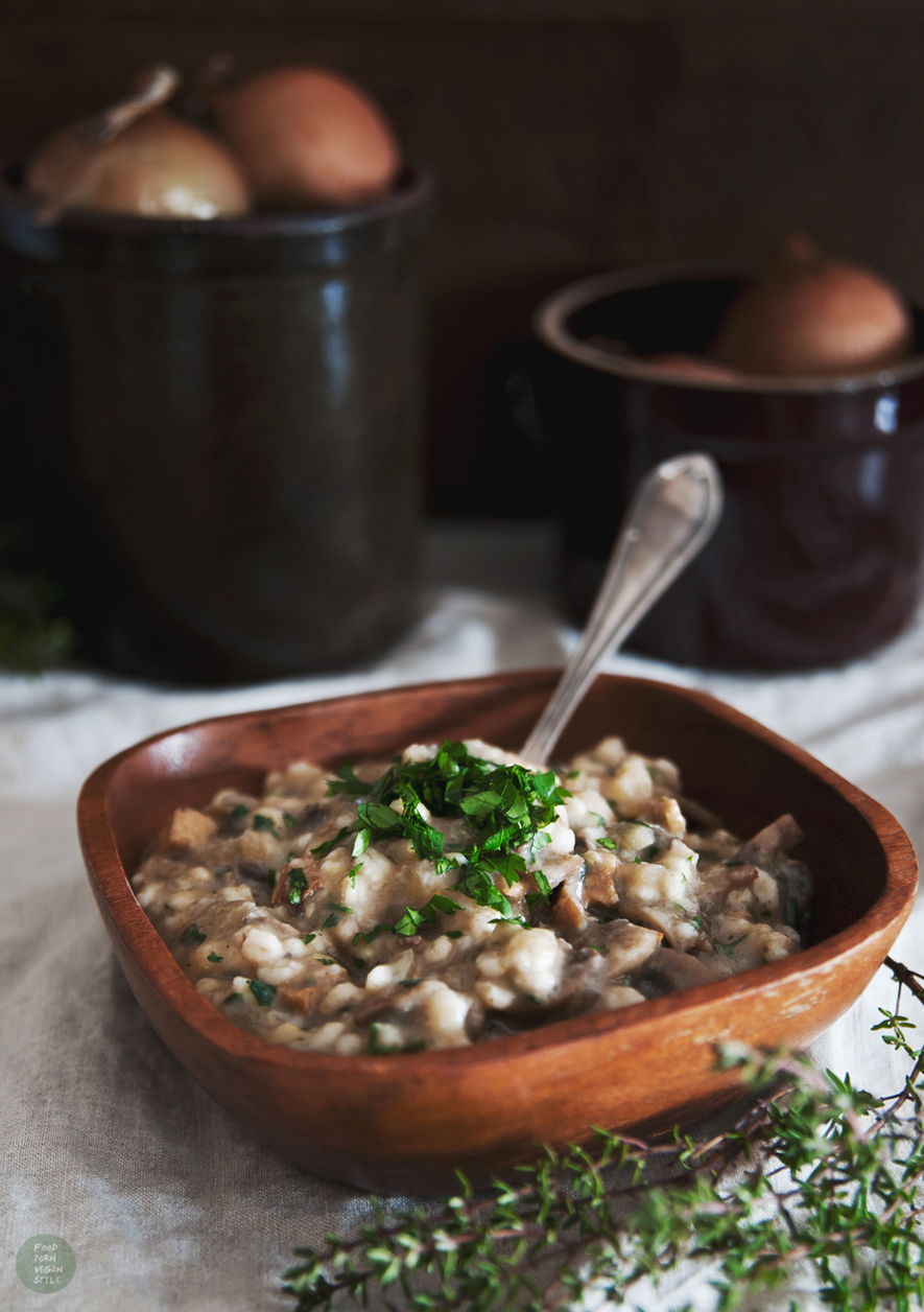 Vegan mushroom stew with pearl barley and tofu strips