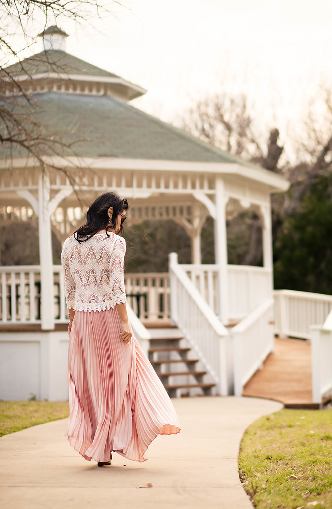 cute & little blog | petite fashion | lace crop top, pink pleated maxi skirt, gold minaudiere clutch | spring pink rose quartz outfit