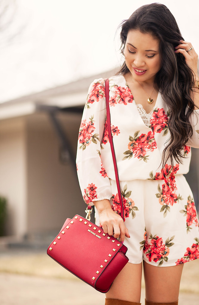 cute & little blog | white red roses floral romper, suede over the knee otk boots, kors selma studded crossbody bag | spring outfit