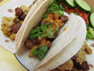 Taco with Wake and Bake Scramble; Foundational Tempeh Bacon; Living Chipotle Sauce