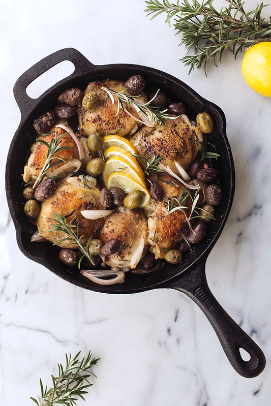 Skillet Roasted Chicken Thighs with Rosemary, Lemon and Olives