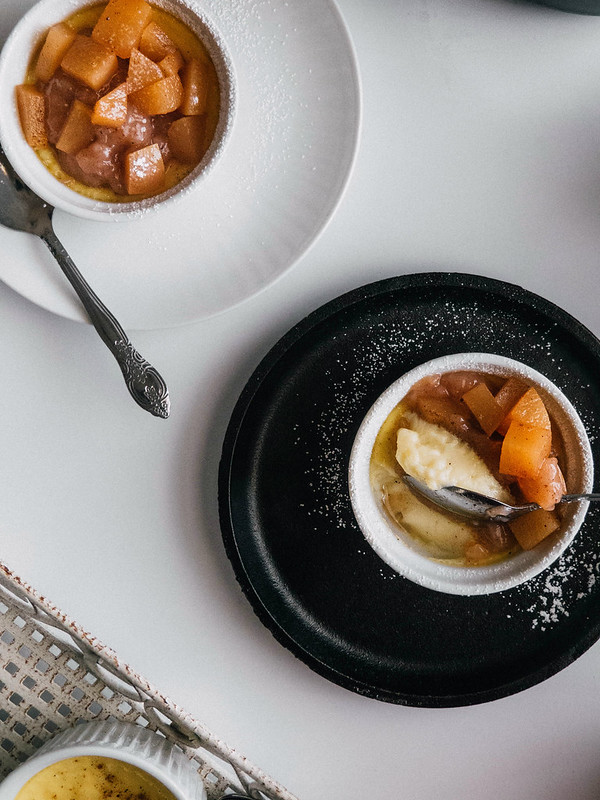 baked vanilla custards with poached spiced apples, Oatmeal, &; an Illinois winter