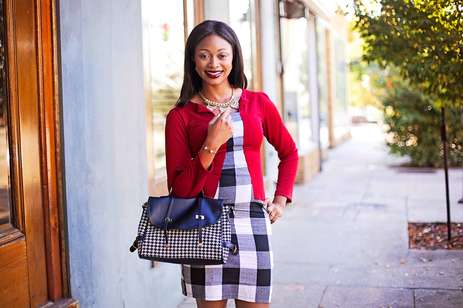 how to mix patterns red and black gingham dress