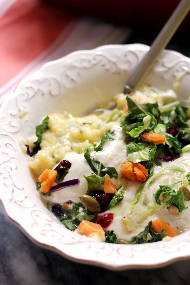 Creamy Baked Polenta with Herbs, Scallions, and Roasted Yam Salad