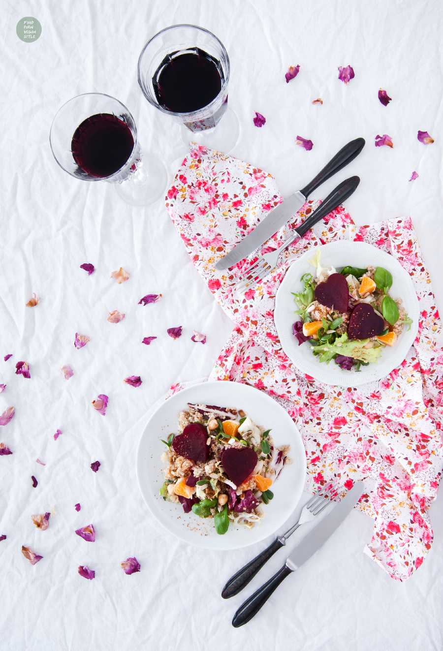 Vegan Valentine's day salad with roasted beetroot hearts, quinoa and a carob-balsamic dressing