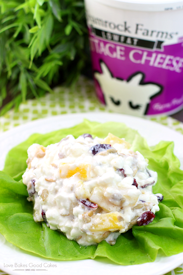 Pineapple Cottage Cheese Salad on a plate with a carton of cottage cheese.