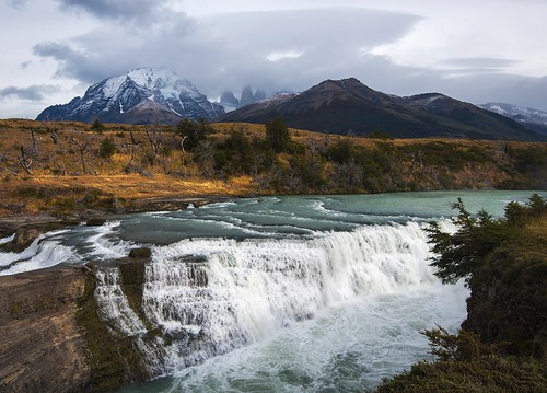 chile patagonia mountain mountains latinamerica southamerica clouds river waterfall nationalpark andes torresdelpaine cascade mountainrange parquenacional riopaine