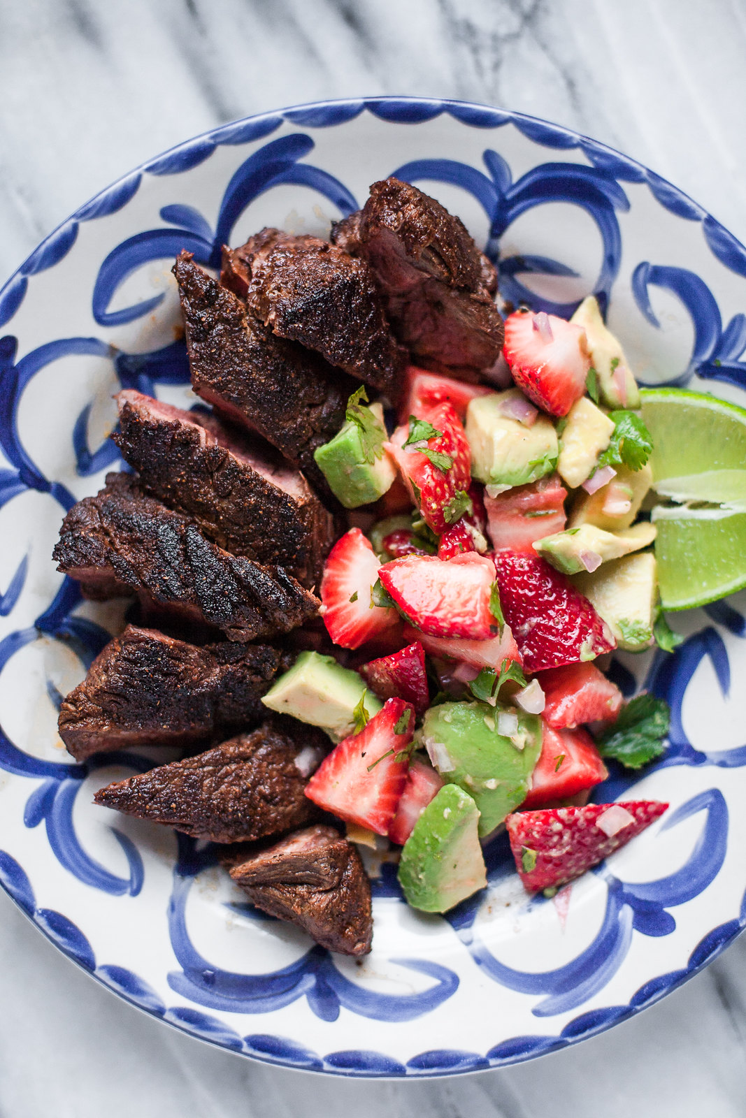 Mole-Spiced Hanger Steak with Strawberry-Avocado Salsa