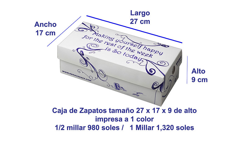 Cajas de zapatos impresas a 1 color desde 980 soles por Medio 
millar, 1320 por 1 Millar a delivery todo el Peru