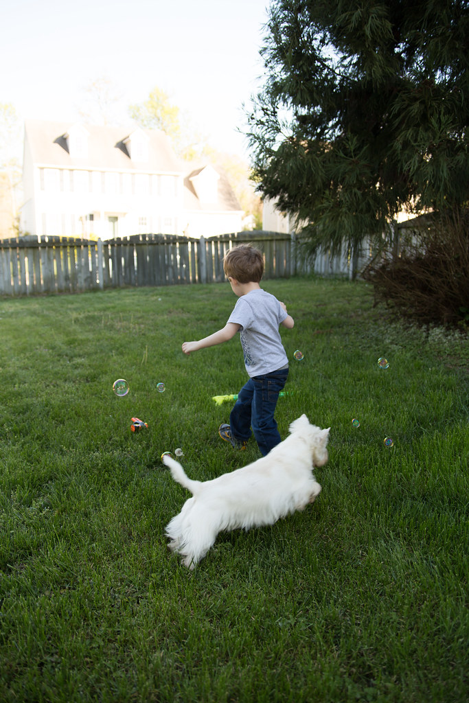 Izzy and Liam chasing bubbles