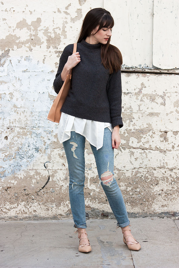 Loft Sweater, Ripped Jeans, Lace Up Flats