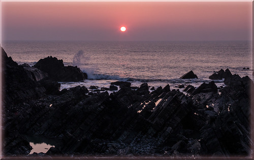 ocean sunset sea seascape water outside outdoors seaside rocks waves panoramic devon photostitch westcountry hartland northdevon canon1d adobephotoshopelements