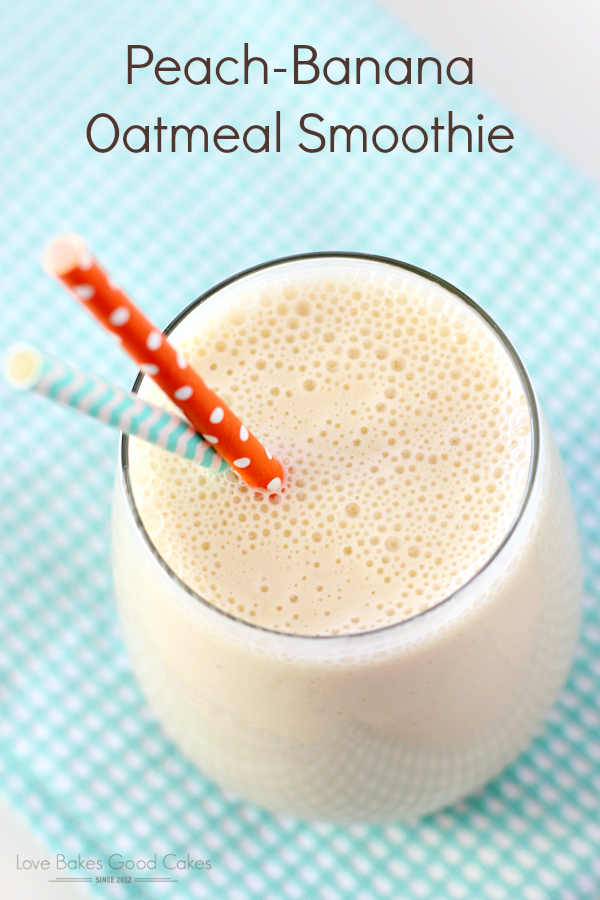 Peach-Banana Oatmeal Smoothie in a glass with two straws.