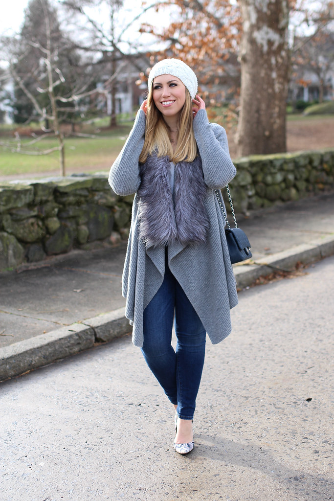 Bundled Up in Fur Trimmed Cardigan and Jeans | Casual Neutral Outfit