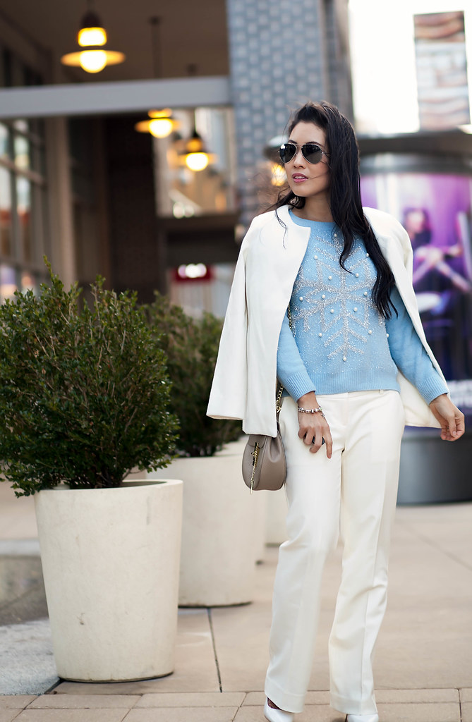 cute & little blog | petite fashion | white coat, blue snowflake sweater, white devin trousers, chloe drew small bag | outfit
