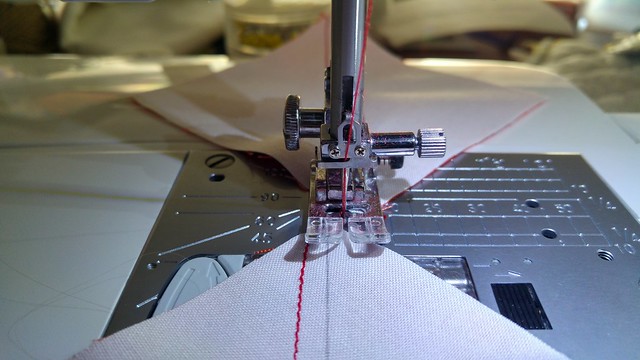 Sewing a scant 1/4 inch to either side of the diagonal