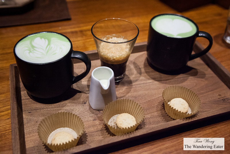Our beverages - Matcha latte, Matcha basil-mint latte, Shakerato Bianco with fior di latte on the side