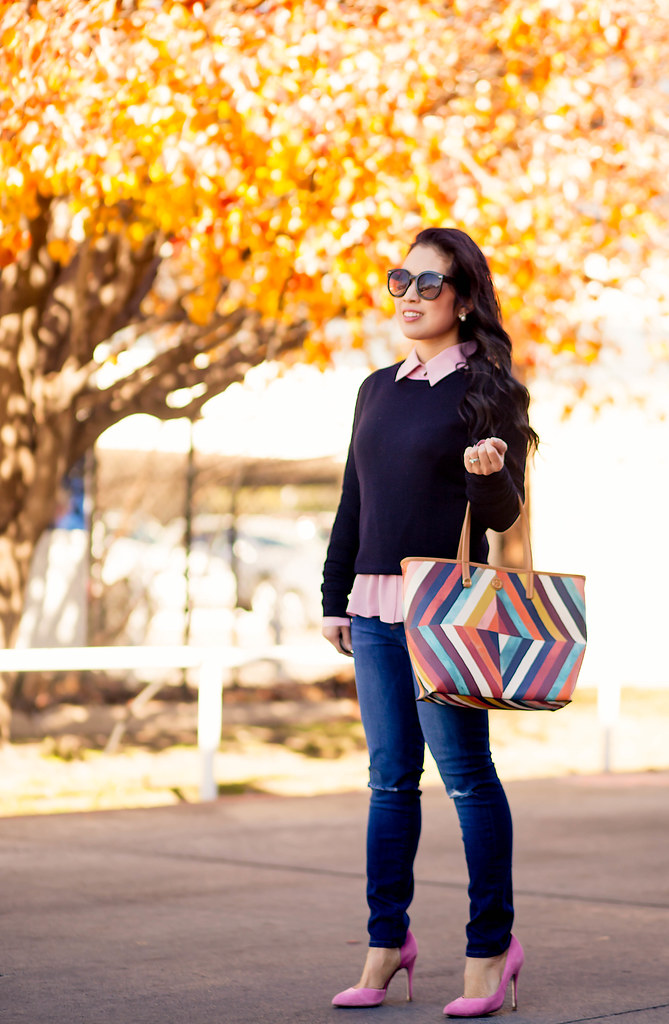 cute & little blog | petite fashion | pink silk shirt, black sweater, j. brand distressed jeans, pink pumps, tory burch kerrington tote | my endless wardrobe review | winter outfit