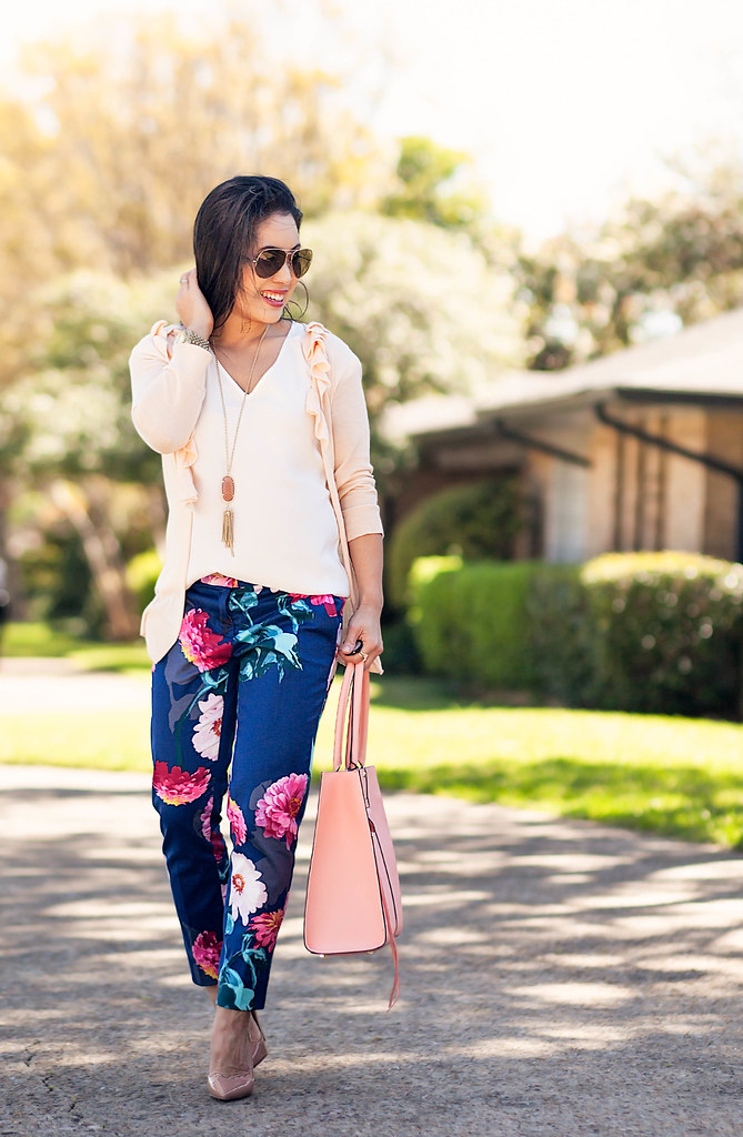 cute & little blog | petite fashion | apricot ruffle cardigan, white silk tee, banana republic gerber daisy navy floral avery pants, louboutin so kate nude pumps, coral minkoff mab tote | spring outfit