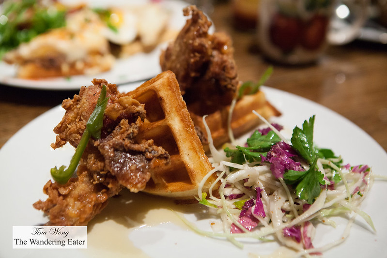 Fried chicken and waffles, bourbon honey, pickled jalepenos, slaw