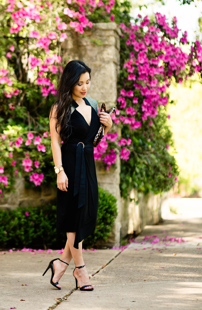 cute & little blog | petite fashion | les lunes bamboo black wrap lace dress, leopard clutch, strappy sandals | date night spring outfit