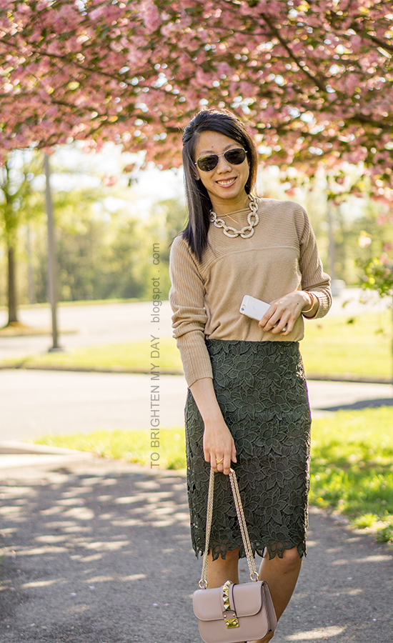 gold pave chain necklace, camel sweater, dark green lace pencil skirt, nude bag with studs