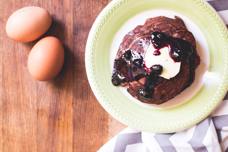 Chocolate Buckwheat Pancakes + Blueberry Topping