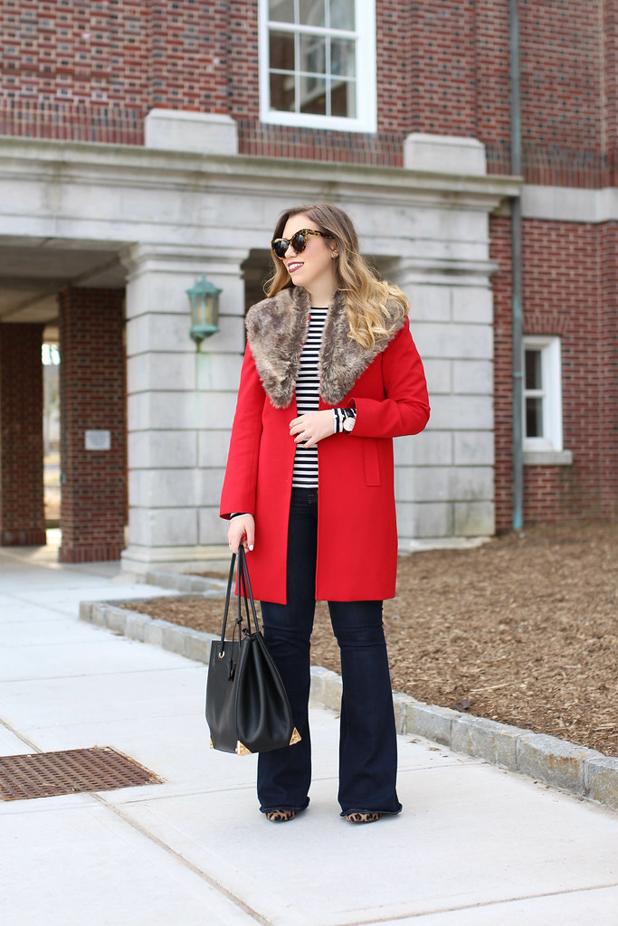Red Coat | Fur Collar | Flar Jeans | Striped Shirt | Early Spring Late Winter Outfit