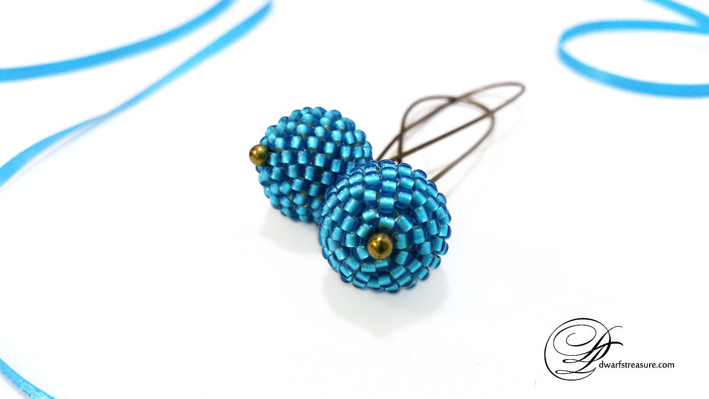 cyan bead beadwork ball long drop earrings