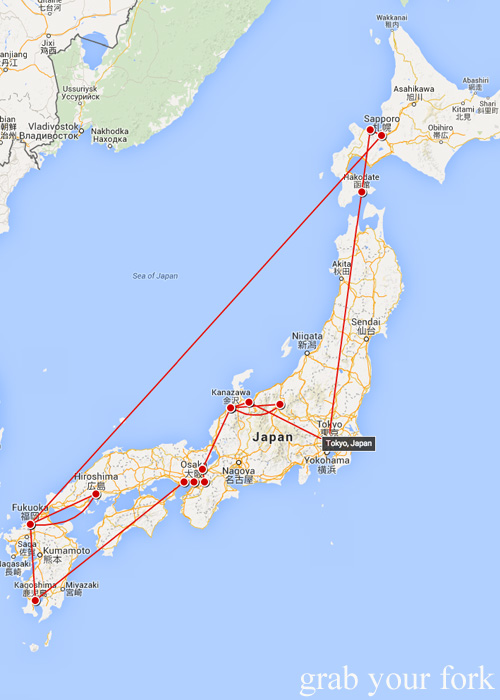 Map of our travels around Japan starting and ending in Tokyo
