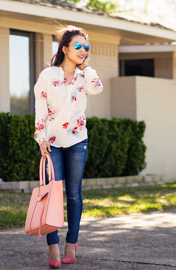cute & little blog | petite fashion | joie floral bouquet silk blouse | ag petite distressed jeans, m.gemi cammeo coral suede pumps, minkoff pink mab tote, ray ban blue mirror aviators | spring outfit