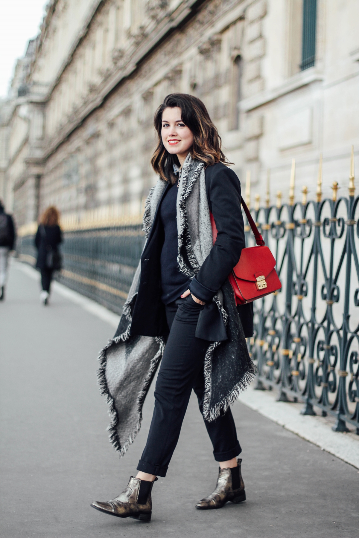 navy suit with gold booties streetstyle paris