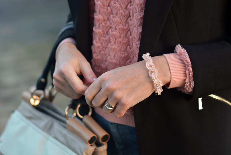 Black blazer, sparkly link bracelet