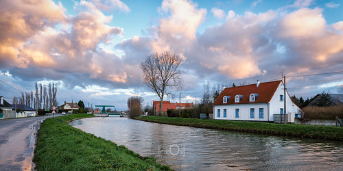 blue sky orange water weather clouds sunrise landscape canal eau bleu ciel nuages paysage aa waterway fleuve saintemariekerque