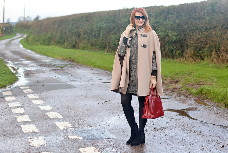 Winter Style | Camel cape, sweater dress, red tote, black tights